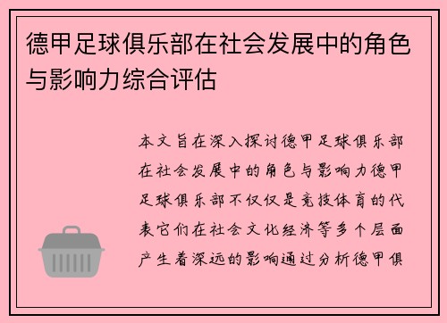 德甲足球俱乐部在社会发展中的角色与影响力综合评估