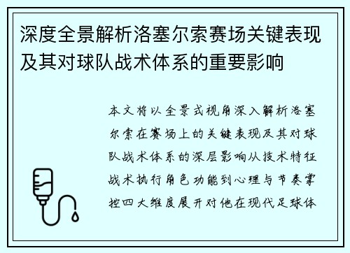 深度全景解析洛塞尔索赛场关键表现及其对球队战术体系的重要影响 深度全景解析洛塞尔索赛场关键表现及其对球队战术体系的重要影响